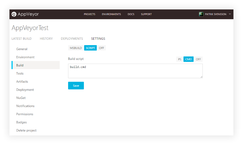 AppVeyor Build Settings